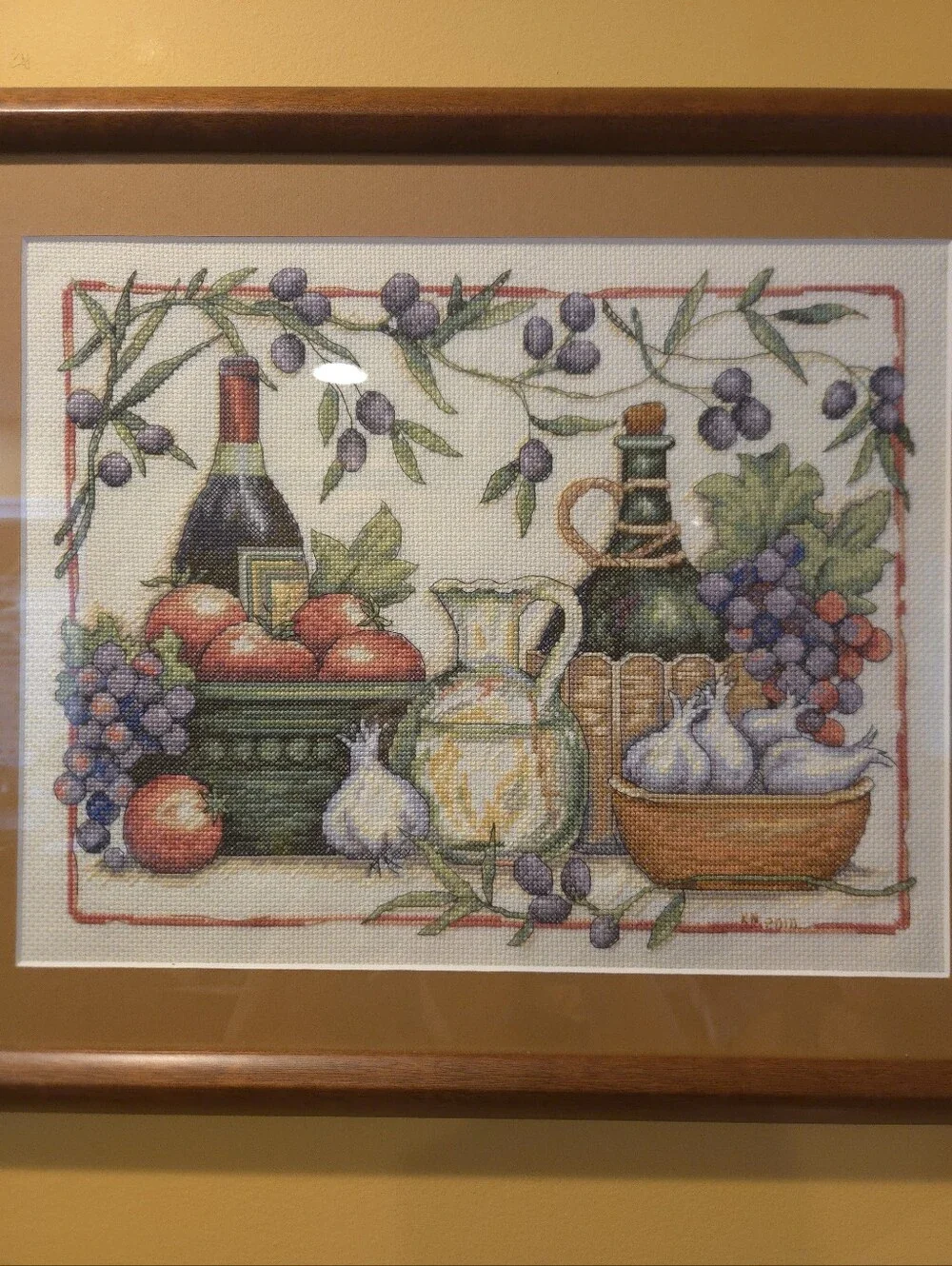 Finished Framed Cross Stitch Tuscan Flavors Wine Art- Dimensions Cross Stitch